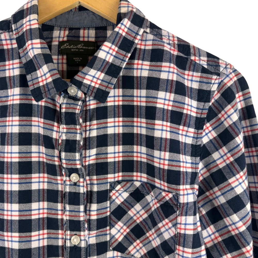 Eddie Bauer Plaid Button Down Shirt Womens Large Navy Blue Red Long Sleeve